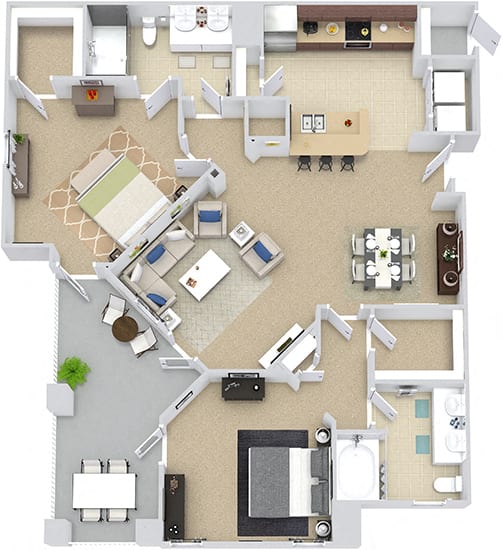 Sevilla 3D. 2 bedroom apartment. Kitchen with bartop open to living room. 2 full bathrooms, double vanities. Walk-in closets. Patio/balcony. External storage.