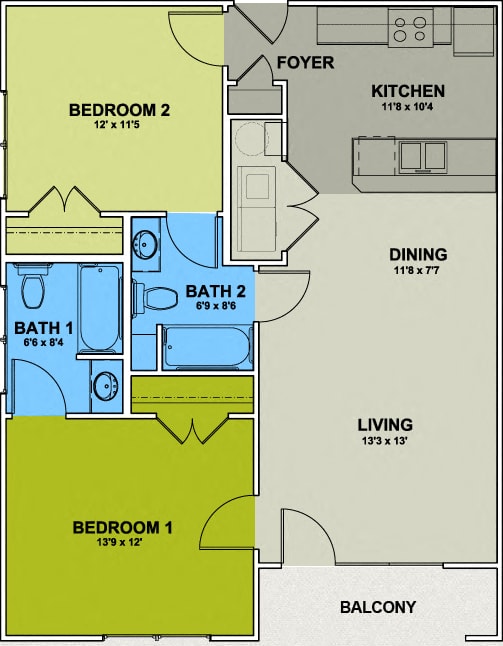 Fisher Park Floor Plan 2 Bed 2 Bath at Greenway at Fisher Park, North Carolina, 27401