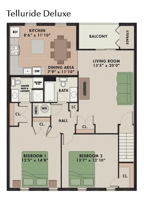 Telluride floor plan at New Kent Apartments in West Chester, PA, offering two bedrooms, one and a half bathrooms, and a private balcony for a perfect blend of comfort and outdoor living