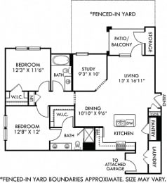 Durango with Attached Garage and Fenced-in Yard. 2 bedroom apartment + study room. Kitchen with island open to living/dinning rooms. 2 full bathrooms, double vanity in master. Walk-in closet. Patio.