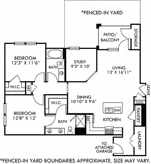 Durango with Attached Garage and Fenced-in Yard. 2 bedroom apartment + study room. Kitchen with island open to living/dinning rooms. 2 full bathrooms, double vanity in master. Walk-in closet. Patio.
