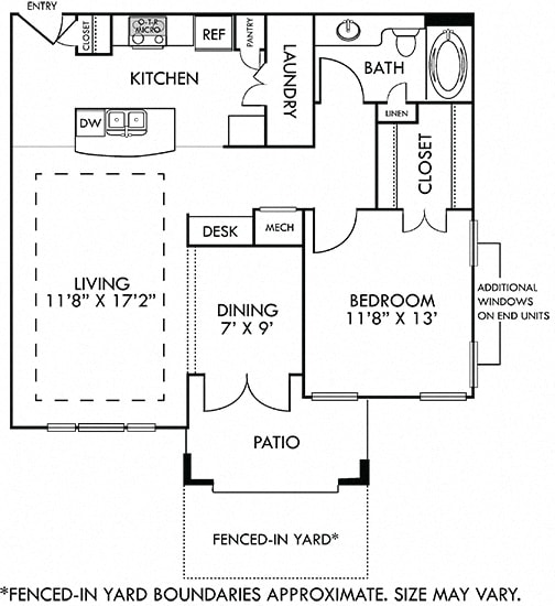 The Paris with Fenced-in Yard. 1 bedroom apartment. Kitchen with island open to living/dining rooms. 1 full bathroom. Walk-in closet. Patio/balcony open to yard.