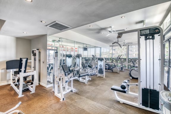 a gym with cardio equipment and glass windows at Marina Harbor, Marina del Rey, California
