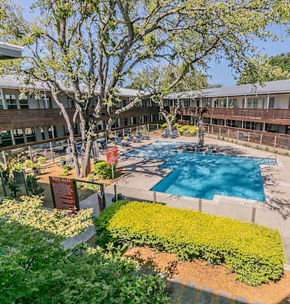 a courtyard with a pool and a building