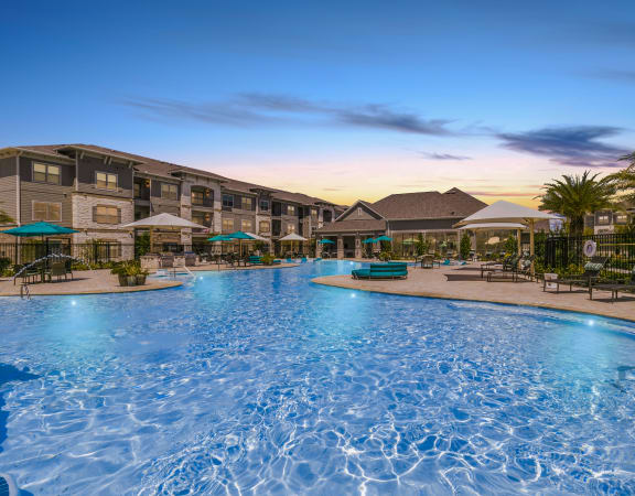 Twilight Pool at Cue Luxury Apartments, Cypress, Texas