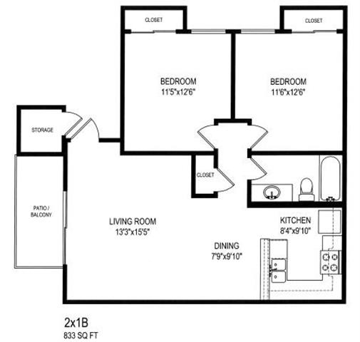 Two Bedroom / One Bath B Floor Plan 833 Sq.Ft. at The Trails at San Dimas, 444 N. Amelia Avenue