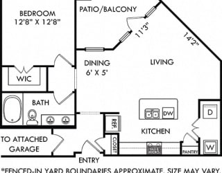 Griffith with Attached Garage + Fenced-in Yard. 1 bedroom apartment. Kitchen with island open to living/dinning rooms. 1 full bathroom, double vanity. Walk-in closet. Patio/balcony open to yard.