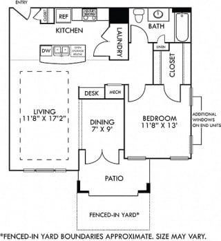The Budapest with Fenced-in Yard. 1 bedroom apartment. Kitchen with island open to living/dining rooms. 1 full bathroom. Walk-in closet. Patio/balcony open to yard.