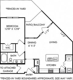 Griffith with Attached Garage + Fenced-in Yard. 1 bedroom apartment. Kitchen with island open to living/dinning rooms. 1 full bathroom, double vanity. Walk-in closet. Patio/balcony open to yard.