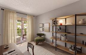 A modern living room with a wooden shelf and a green chair.