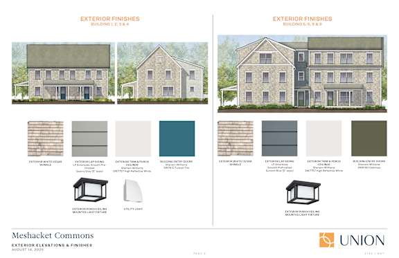 A presentation slide showcasing exterior finishes for buildings with images and color samples.