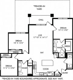 Pecan Lodge with Fenced-in Yard. 3 bedroom apartment. Kitchen with island open to living/dinning rooms. 2 full bathrooms. Walk-in closet in master. Patio/balcony open to yard.