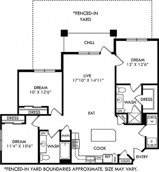 Pecan Lodge with Fenced-in Yard. 3 bedroom apartment. Kitchen with island open to living/dinning rooms. 2 full bathrooms. Walk-in closet in master. Patio/balcony open to yard.