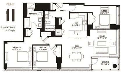 3 Bad 2 Bath Floor Plan with 1,437 Sq. Ft. at The Elle Apartments, Chicago, 60605