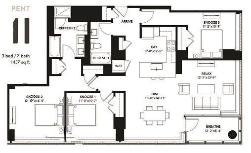 3 Bad 2 Bath Floor Plan with 1,437 Sq. Ft. at The Elle Apartments, Chicago, 60605