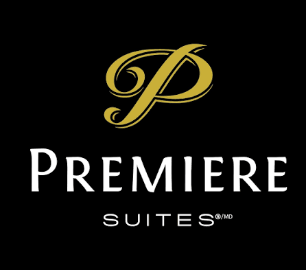 A black background with a gold letter P and the words "Premiere Suites" written in white.