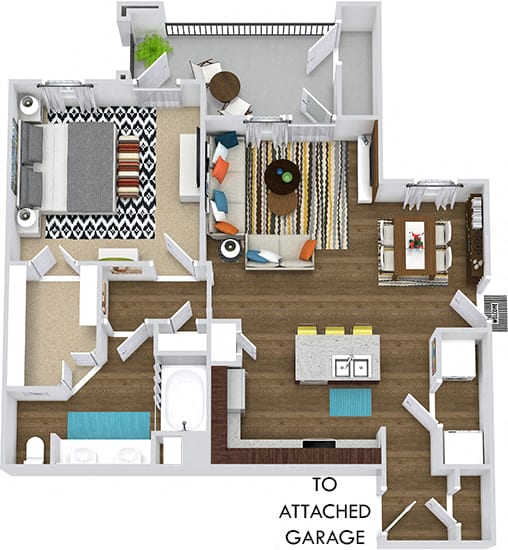 3D Sycamore with attached garage. 1 bedroom apartment. Kitchen with island open to living/dinning rooms. 1 full bathroom, double vanity. Walk-in closet. Patio/balcony.