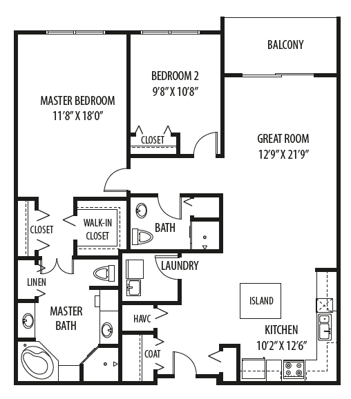 Two Bedroom Two Bath, 1,472 Sq.Ft. Floor Plan at Two Itasca Place, Itasca, IL, 60143