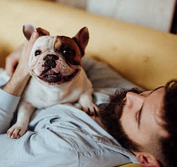 a woman sitting on a couch with two dogs