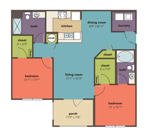 2 bedroom 2 bathroom Lotus Floorplan at Abberly Crossing Apartment Homes by HHHunt, Ladson, South Carolina