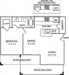 Amberley. 1 bedroom apartment. Kitchen with bartop open to living/dinning rooms. 1 full bathroom. Walk-in closet. Patio/balcony.