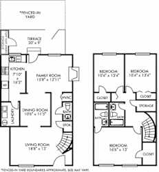 Maison De Ville with Fenced-in Yard. 3 bedroom townhome. Kitchen, living, and dinning rooms. 2 full bathrooms + powder room. Patio/balcony open to yard.