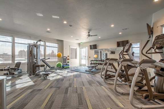 A gym with treadmills, exercise bikes, and other equipment.