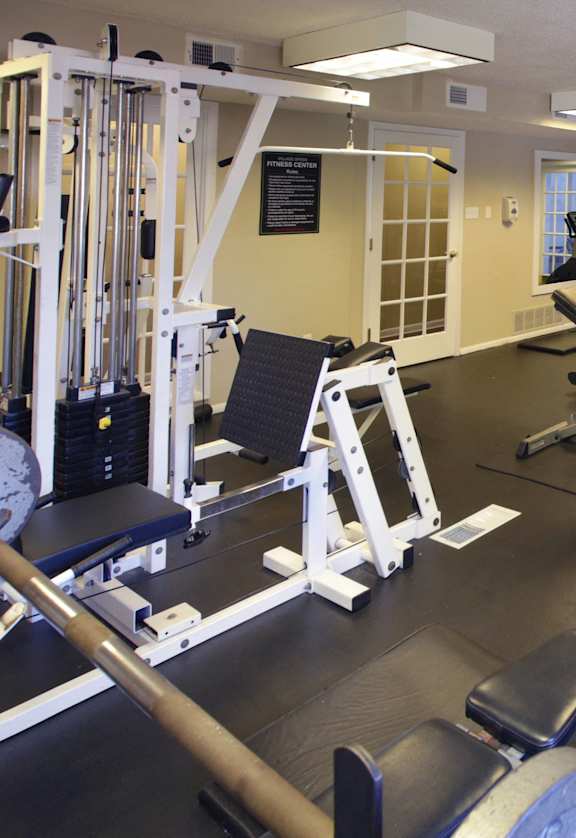 a gym with cardio equipment and weights on the floor