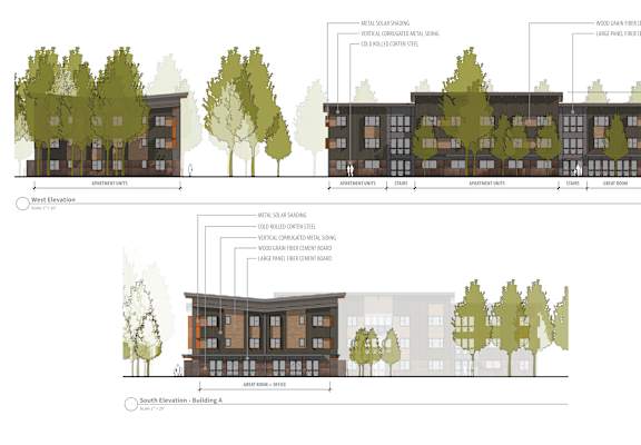 A drawing of a building with a front and side elevation view, showing the structure's design and the surrounding trees.