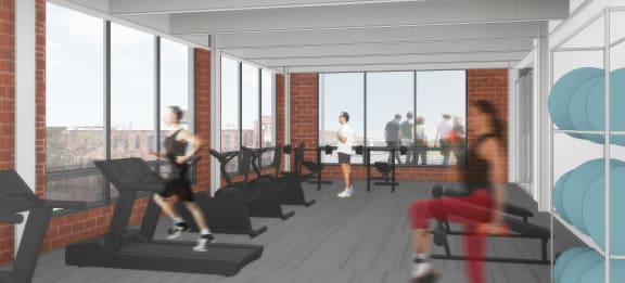a rendering of a gym with people exercising on treadmills