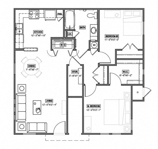 2 Bedroom 1 Bath 2D Floorplan-The Symphony Apartments Phoenix, AZ