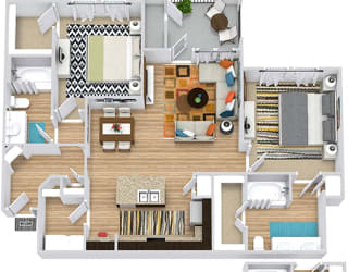 Pecos 3D. 2 bedroom apartment. Kitchen with island open to living/dinning rooms. 2 full bathrooms, double vanity in master. Walk-in closets. Patio/balcony.