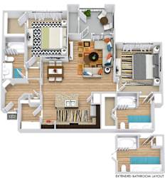 3D Pecos 2 bedroom apartment. Kitchen with island open to living/dinning rooms. 2 full bathrooms, double vanity in master. Walk-in closets. Patio/balcony. Detached Garage