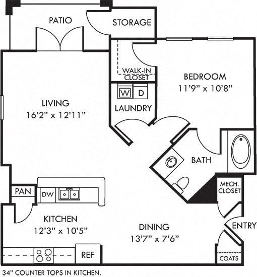 The Parkside. 1 bedroom apartment. Kitchen with bartop open to living/dinning rooms. 1 full bathroom. Walk-in closet. Patio/balcony.