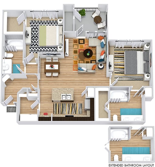 3D Pecos 2 bedroom apartment. Kitchen with island open to living/dinning rooms. 2 full bathrooms, double vanity in master. Walk-in closets. Patio/balcony. Detached Garage
