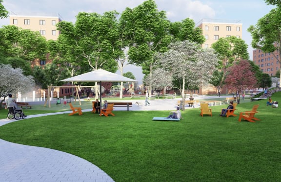 a rendering of a park with benches and trees