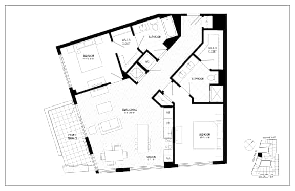 A black and white floor plan of an apartment.