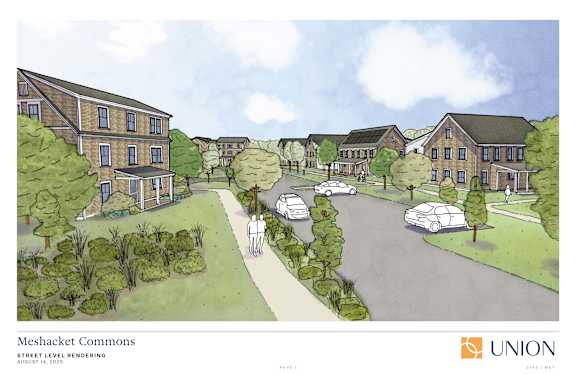 A street level rendering of a residential area with the text "Meshacket Commons" and "UNION" visible.