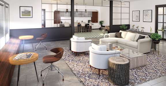 A modern living room with a white sofa set and a wooden coffee table.