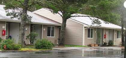 A row of houses with a playground in the background.