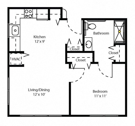1 Bedroom 1 Bath 2D Floorplan Style A6_Cahill House Apartments, St. Louis, MO