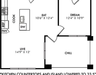 The Franklin. 1 bedroom apartment. Kitchen with 33.5" lowered counter tops and island open to living/dining rooms. Built-in Desk in Dining area. 1 full bathroom. Walk-in closet. W/D. Patio/balcony.
