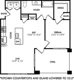 The Franklin. 1 bedroom apartment. Kitchen with 33.5" lowered counter tops and island open to living/dining rooms. Built-in Desk in Dining area. 1 full bathroom. Walk-in closet. W/D. Patio/balcony.