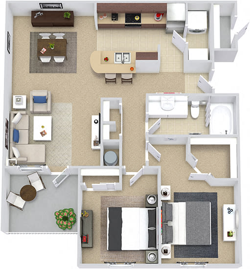 Salamanca 3D. 2 bedroom apartment. Kitchen with bartop open to living room. 1 full bathroom. Walk-in closet in master. Patio/balcony. External storage.