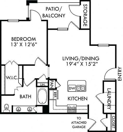 Sycamore with Attached Garage. 1 bedroom apartment. Kitchen with island open to living/dinning rooms. 1 full bathroom, double vanity. Walk-in closet. Patio/balcony.