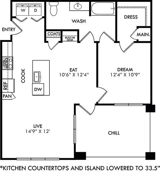 The Franklin. 1 bedroom apartment. Kitchen with 33.5" lowered counter tops and island open to living/dining rooms. Built-in Desk in Dining area. 1 full bathroom. Walk-in closet. W/D. Patio/balcony.