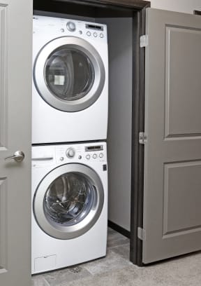 a front loading washer and dryer in a closet
