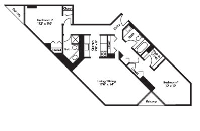 2 Bed, 2 Bath 1.040 Sq.Ft Two Bedroom Floor Plan at Asbury Plaza