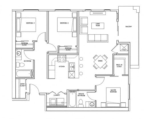 Floor Plan  A floor plan for a suite type C1 shows the layout of rooms including a living room, kitchen, and three bedrooms.