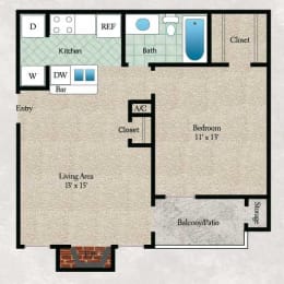 1 bedroom, 1 bathroom with walk-in closet, coat closet, kitchen, living area, and private patio or balcony in select apartment homes (558 sqft)